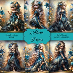 May include: Digital illustrations of a pixie girl in blue dresses, surrounded by flowers. The images feature long blonde hair and are labelled "Afina Pixie" and "Digital Design INSTANT DOWNLOAD". The set includes 12 PNG files.