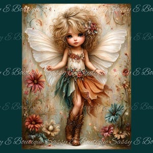 May include: A digital illustration of a fairy with voluminous blonde hair, large white wings, and a floral-adorned dress. The figure wears brown cowboy boots and stands amidst a background of painted flowers in shades of pink, blue, and tan.