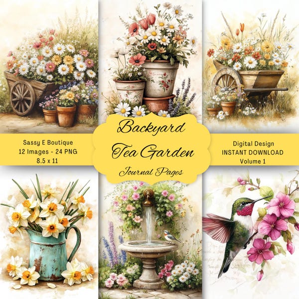 Backyard Tea Garden: 12 Images, 24 PNG, 8.5x11, Journal Pages