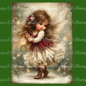 May include: A digital art print of a fairy with long brown hair, wearing a white and burgundy dress, and holding a glowing key. The fairy has large eyes and delicate wings. The background is a soft, dreamy scene with sparkling lights and the text "Sassy & Boutique".