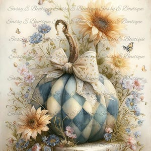 May include: A decorative pumpkin with a blue and cream diamond pattern, adorned with a cream-colored bow. The pumpkin is surrounded by sunflowers, blue and pink flowers, and butterflies. The image has the text "Sassy & Boutique" repeated.