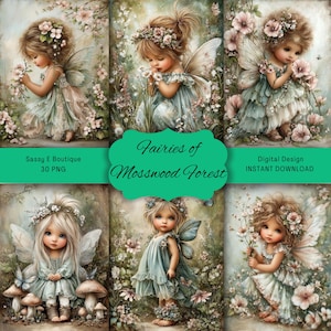 May include: A digital design featuring six illustrations of fairy girls with flower crowns and wings. The fairies are dressed in pastel-colored dresses and surrounded by flowers and butterflies. The text "Fairies of Mosswood Forest" is in the center.