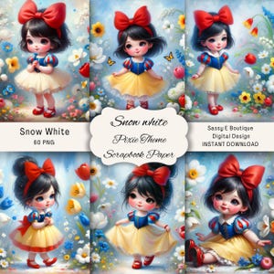 May include: Digital scrapbook paper set with illustrations of Snow White in a pixie theme. The images show Snow White in a blue and yellow dress with a red bow, surrounded by flowers. Text includes "Snow White", "Pixie Theme", and "Scrapbook Paper".