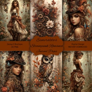 May include: Digital art featuring steampunk-themed journal pages. The images showcase women in Victorian-inspired attire, gears, and an owl. The text reads "Esmeralda's Steampunk Romance Journal Pages" and "Digital Design INSTANT DOWNLOAD".