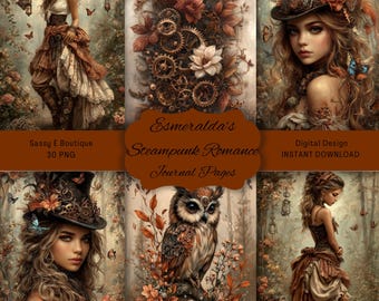 May include: Digital art featuring steampunk-themed journal pages. The images showcase women in Victorian-inspired attire, gears, and an owl. The text reads "Esmeralda's Steampunk Romance Journal Pages" and "Digital Design INSTANT DOWNLOAD".