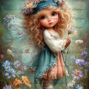 Puede incluir: Ilustración digital de un hada en un campo de flores. El hada tiene cabello rubio rizado, ojos azules y lleva una diadema azul, una blusa blanca, una falda verde azulado y una falda color melocotón. Sostiene una flor.