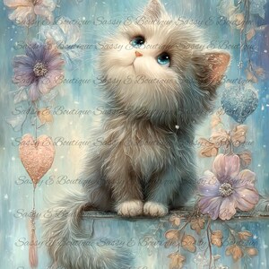May include: A digital illustration of a fluffy kitten with blue eyes, set against a soft blue background with floral and heart-shaped decorations. The kitten has gray and white fur and is looking upwards. The image has the text "Sassy & Boutique" repeated throughout.