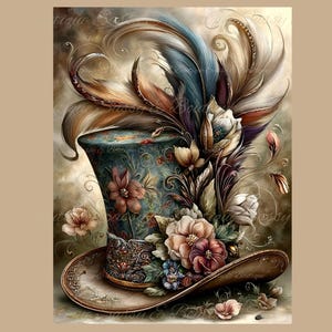 May include: An ornate top hat with a wide brim, adorned with flowers and feathers. The hat features a teal body with floral patterns and a brown brim. The feathers are in shades of blue, brown, and cream, creating a whimsical and artistic design.