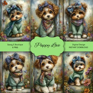 Puede incluir: Diseño digital con seis ilustraciones de cachorros adorables. Cada cachorro lleva un suéter, una bufanda y un lazo. Los cachorros están rodeados de flores y mariposas. El texto "Puppy Love" se muestra en una forma verde.