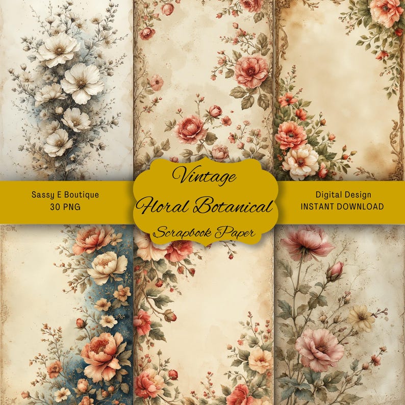 Vintage Floral Botanical: 30 PNG, Scrapbook Paper - Etsy