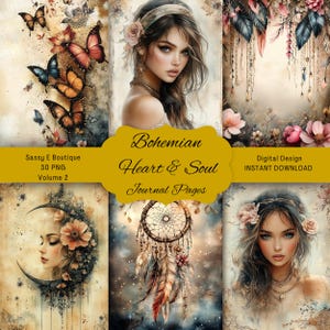 Peut inclure: Un design numérique pour des pages de journal sur le thème bohème. L'image présente six pages avec des illustrations de femmes, de papillons, de fleurs et d'attrape-rêves. Le texte sur l'image indique "Bohemian Heart & Soul Journal Pages" et "Digital Design INSTANT DOWNLOAD."