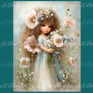 May include: A digital illustration of a young person with long wavy brown hair wearing a light blue dress, adorned with a floral crown and holding a large bouquet of pale pink and white flowers, surrounded by soft-focus greenery and blossoms.