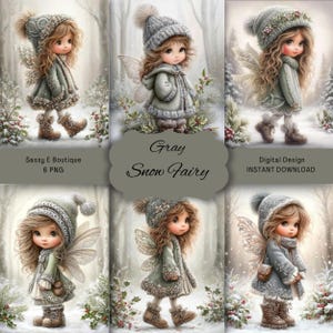 May include: Digital design featuring six illustrations of a gray snow fairy. Each fairy is depicted with wings, wearing a gray hat, coat, and boots, set against a snowy forest backdrop. The text "Gray Snow Fairy" is visible.