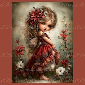 Puede incluir: Ilustración digital de un hada con ojos grandes, vestida con un vestido rojo con ribete de encaje negro y una corona de flores. El hada tiene alas grandes y detalladas y está rodeada de flores rojas y blancas. El fondo es de un color suave y apagado.