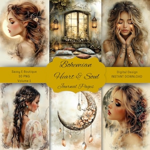 Peut inclure: Une conception numérique présentant six illustrations artistiques sur le thème bohème. Les images incluent des portraits de femmes, un croissant de lune avec des accents floraux et une scène de fenêtre. Le texte indique "Bohemian Heart & Soul Journal Pages."