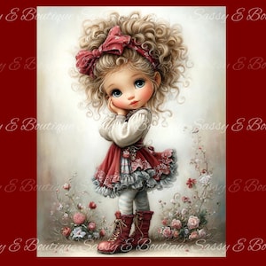 May include: An illustration of a young girl with curly blonde hair, wearing a red dress with a ruffled skirt, white leggings, and red boots. She has a red bow in her hair and is surrounded by flowers. The image has the text "Sassy & Boutique" repeated around the border.