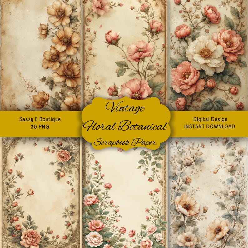 Vintage Floral Botanical: 30 PNG, Scrapbook Paper - Etsy