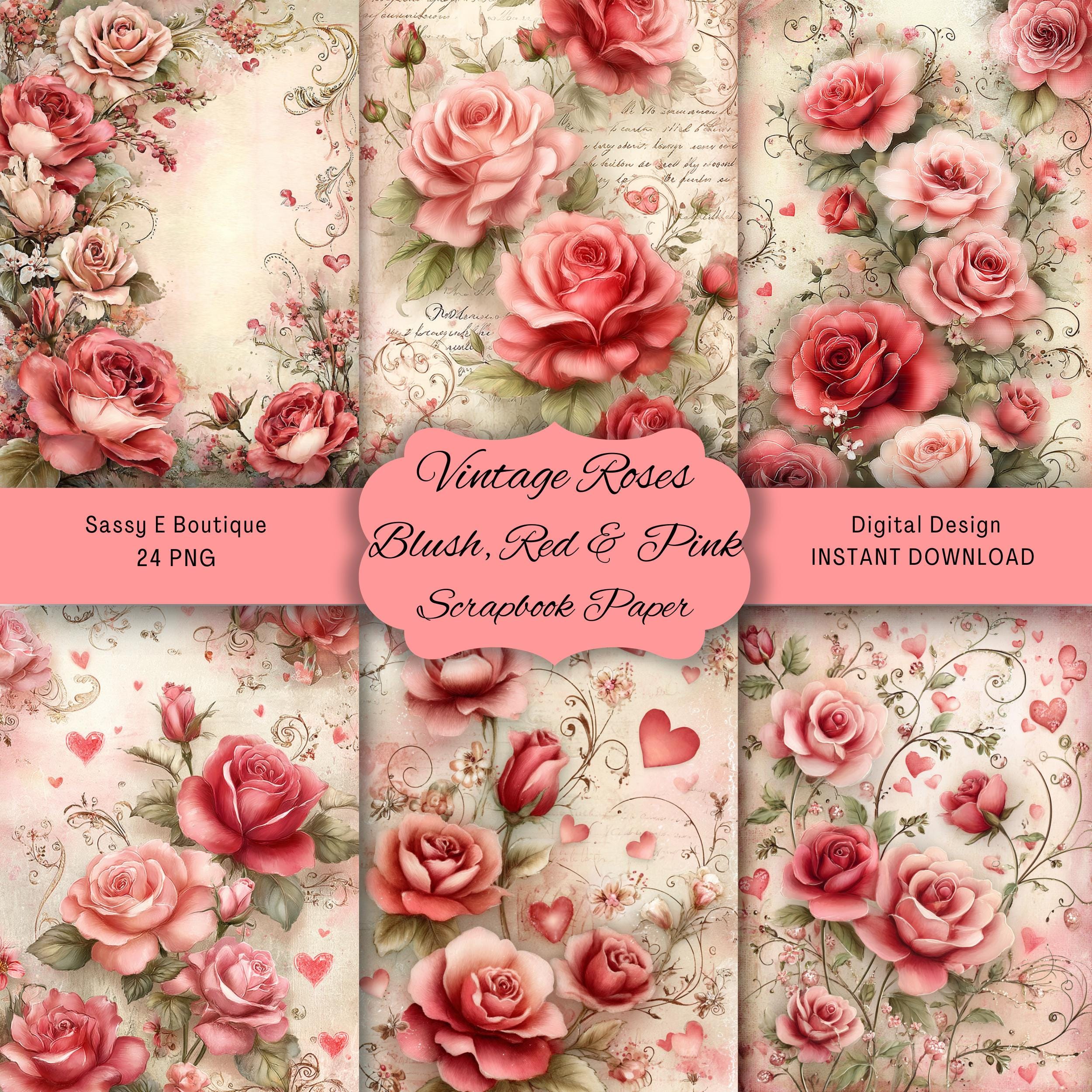 Roses vintage, fard à joues, rouges et roses : 24 PNG, papier de scrapbooking