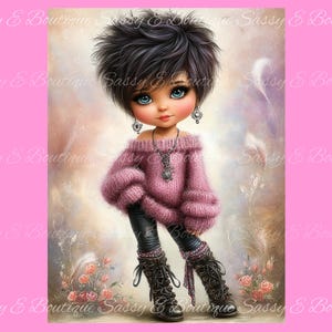 May include: Digital art of a doll-like figure with large blue eyes, wearing a pink off-the-shoulder sweater, black pants, and lace-up boots. The background is a soft, painterly style with floral accents and the text "Sassy & Boutique".