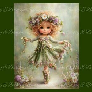 May include: A digital illustration of a doll-like figure in a green dress adorned with flowers and leaves. The doll has curly red hair and a floral crown. The background is a soft, blurred green and white.