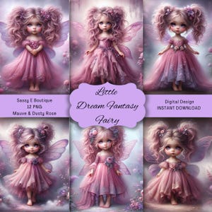 Pode incluir: Design digital com seis ilustrações de fadas em vestidos malva e rosa empoeirado com asas. O texto "Little Dream Fantasy Fairy" está no centro, com as etiquetas "Sassy E Boutique" e "Digital Design".