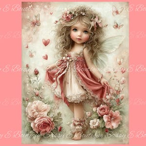 May include: A digital illustration of a fairy girl with blonde curly hair, blue eyes, and wings. She wears a pink and white dress with floral accents, surrounded by roses, butterflies, and hearts. The image has a soft, pastel colour palette.