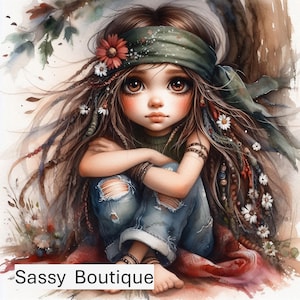 impression numérique, clipart, journal indésirable, carte, bohème, fille, bohème, tresses, dreadlocks, enfant, enfant fleur, gitane