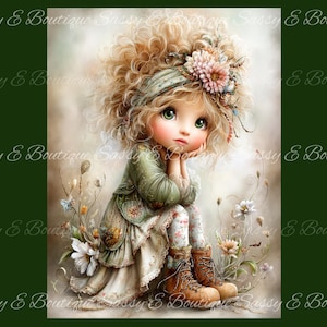 May include: A digital art print of a seated doll-like figure with curly blonde hair, wearing a green dress and brown boots. The figure has large green eyes and is adorned with flowers. The background is soft and blurred, with floral accents.