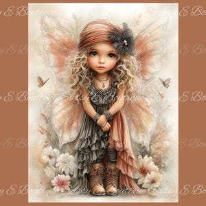 May include: A digital illustration of a fairy with curly blonde hair, wearing a peach-coloured headwrap, a dark grey ruffled dress, and brown lace-up boots. The fairy has large, translucent peach wings and is surrounded by soft-toned flowers.