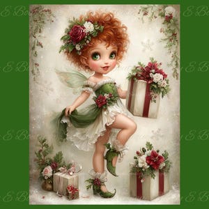 May include: A charming illustration of a fairy with red curly hair, green eyes, and delicate wings. She wears a green and white dress and holds a gift box decorated with flowers. Other gift boxes with floral arrangements are also visible.