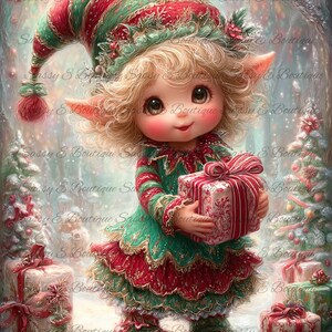 May include: An illustration of a Christmas elf in a green and red outfit, holding a present. The elf has blonde hair and rosy cheeks. The background shows a snowy forest with more gifts, creating a festive scene.