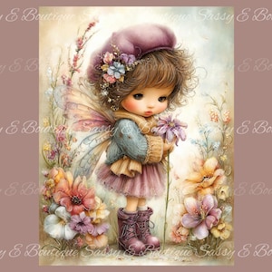 May include: A digital illustration of a fairy with brown hair wearing a purple beret, a blue jumper, and a pink skirt, standing among colourful flowers. The fairy has translucent wings and wears purple lace-up boots while holding a purple flower.