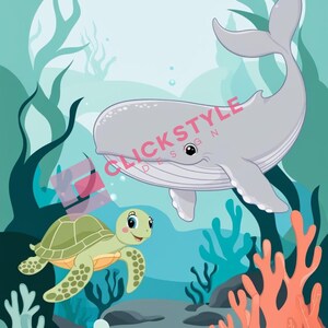 May include: A cartoon illustration of a whale and a sea turtle swimming in an underwater scene. The whale is gray and has a friendly expression. The sea turtle is green and has a shell with a pattern of brown spots. The background is a blue ocean with coral reefs and seaweed.