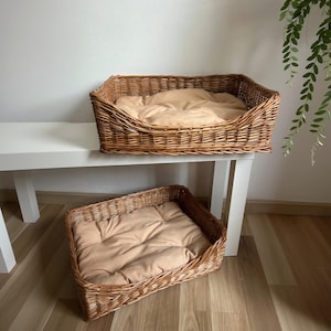 Handmade Wicker Cat and Small Dog Bed with Cushion – Natural Willow Pet Furniture