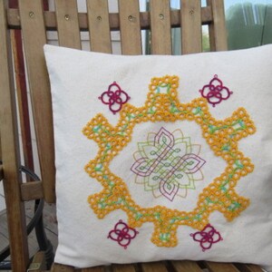 Mandala Pillow Cover Organic Cotton with Hand Tatted Lace and Embroidery image 1