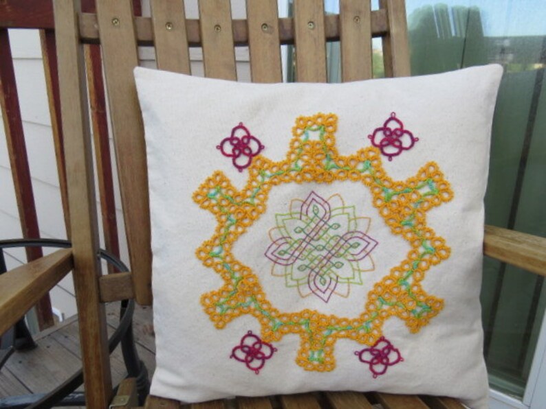 Mandala Pillow Cover Organic Cotton with Hand Tatted Lace and Embroidery image 1