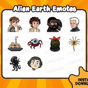 May include: A digital download graphic featuring cartoon-style illustrations of characters and creatures from the Alien film franchise. The title "Alien Earth Emotes" is displayed at the top. The image includes the text "Instant Download".
