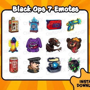 Könnte beinhalten: Ein digitaler Download-Grafik mit 12 farbenfrohen Cartoon-Emotes von Black Ops 7. Die Emotes umfassen einen Spielautomaten, eine blaue und rote Truhe, eine Strahlenkanone, ein lila Kaninchen, einen Bären, eine Limonadendose und einen grünen Schädel.