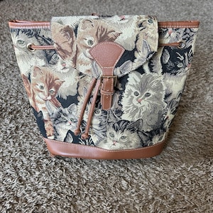 Vintage Style Cat Tapestry Backpack | Sainty Brand Kitten Print Bag with Faux Leather Trim