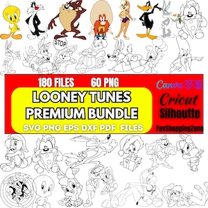 May include: A digital bundle featuring Looney Tunes characters in various poses. The image includes characters like Bugs Bunny, Daffy Duck, and Tweety Bird, along with the text "LOONEY TUNES PREMIUM BUNDLE" and "180 FILES 60 PNG".