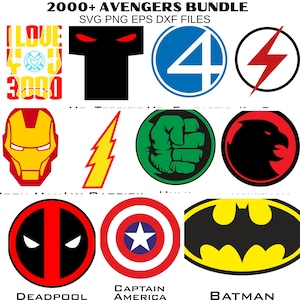 May include: A collection of superhero-themed graphics, including logos and symbols from the Avengers universe. The image features designs such as Iron Man's mask, Captain America's shield, and Deadpool's mask. Text at the top reads "2000+ AVENGERS BUNDLE".