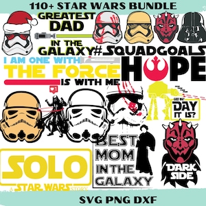 May include: A collection of Star Wars-themed graphics, including Stormtrooper helmets, Darth Vader, and Darth Maul. Text includes "Greatest Dad," "Hope," and "Solo: A Star Wars Story." The image is a bundle of SVG, PNG, and DXF files.