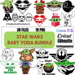 May include: A collection of Star Wars Baby Yoda SVG and PNG files. The image features various illustrations of Baby Yoda, along with other Star Wars characters. Text includes "Baby Yoda Bundle", "38 Files", and "19 PNG".
