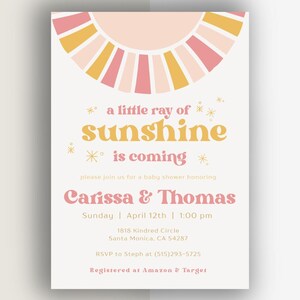 Editable Pink Sunshine Baby Shower, A Little Ray of Sunshine Girl Baby Shower Invite, Canva Template Sunshine