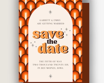 Groovy retro Wedding card, vintage retro 70's style invite set, Save the date card for wedding, groovy wedding invites, 70's style invites