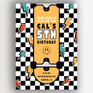 Skateboard Birthday Invitation, Boy Birthday Invite Skate Party Skateboard Retro Checker Smile Face Editable First birthday Invite Template