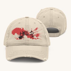 HELP Blood Embroidered Hat – Horror Dad Hat, Scary Halloween Cap, Goth True Crime Hat, Distressed Grunge Baseball Cap, Dark Art