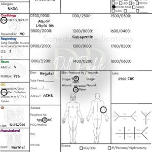 May include: A medical chart with a patient's information, including their name, age, allergies, medications, and vital signs. The chart also includes a diagram of the human body with markings indicating pressure injuries and wounds.