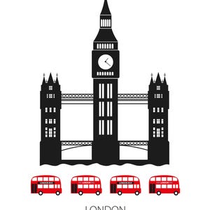 London City Print | Big Ben Tower Bridge Art | British Red Bus Digital Download | Modern UK Wall Art
