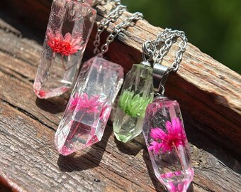 Dried Flower Resin Pendant Necklace • Crystal Quartz Style Charm